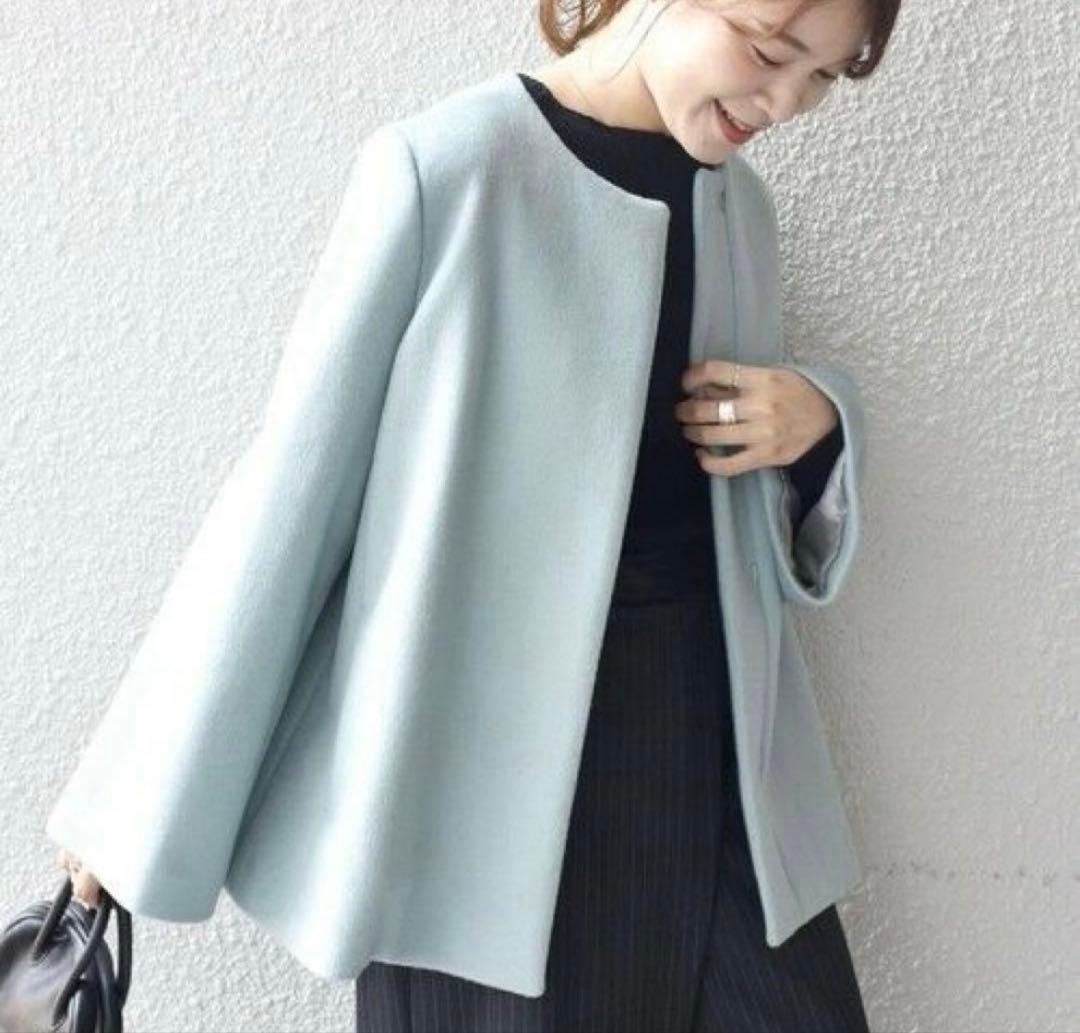 美品　シップス　SUPER140ノーカラーショートコート　38Mサイズ