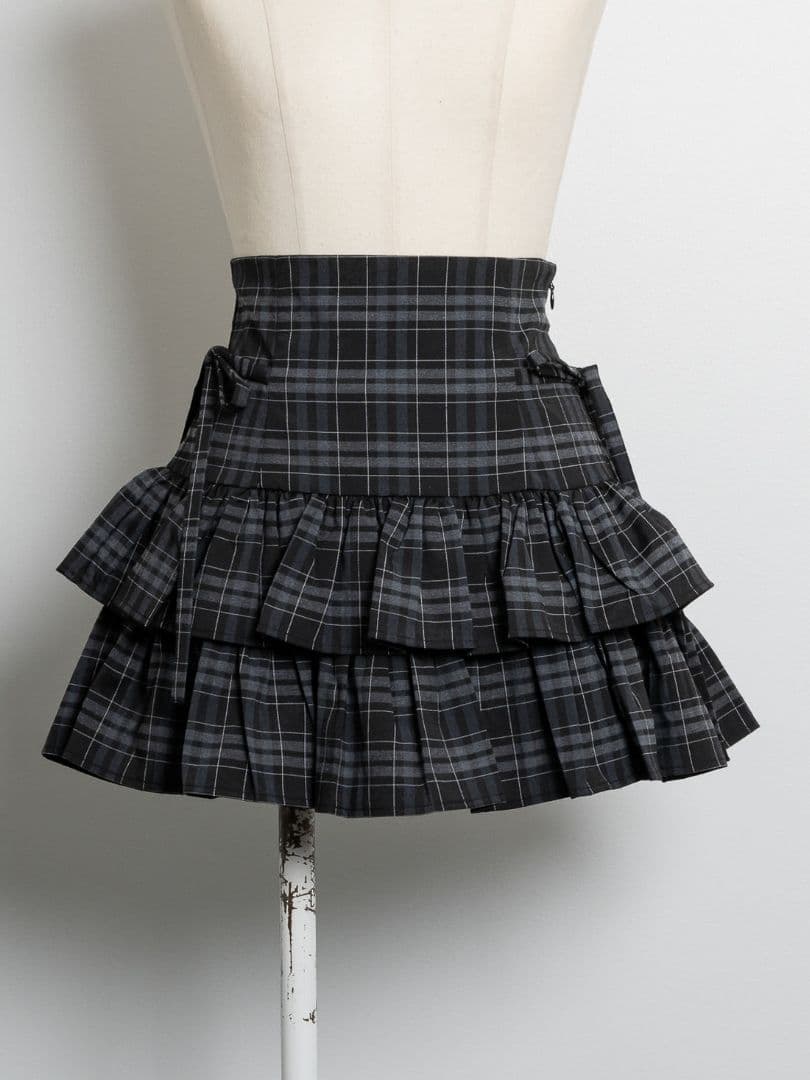 pium サイドリボンティアードスカート チェック柄フリルミニスカート
