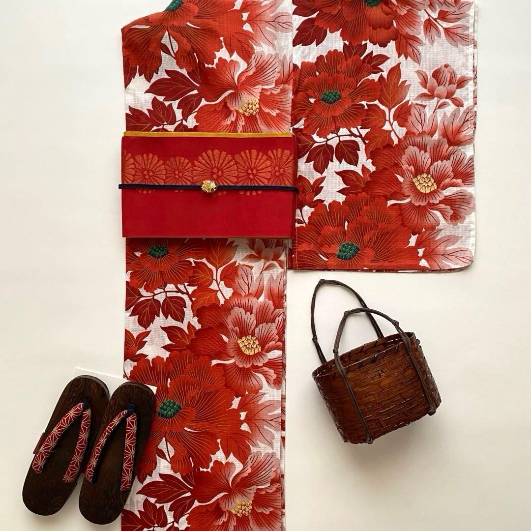 【浴衣6点セット】キモノマチ　浴衣　半幅帯　タグ付　二分紐　帯留め　下駄　バッグ