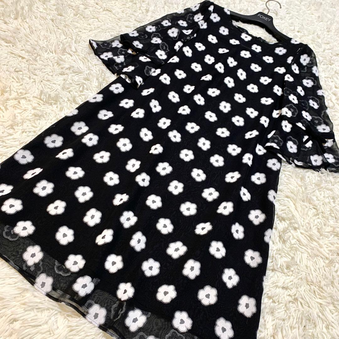 美品✨エムズグレイシー フラワー刺繍 ワンピース ドレス シアー リボン 40